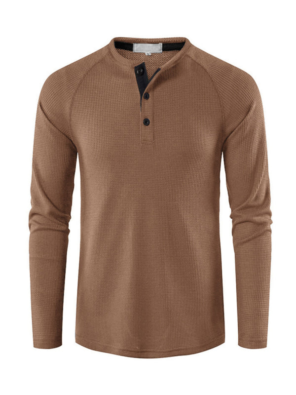 Men's solid-color basic button-down long-sleeve T-shirt