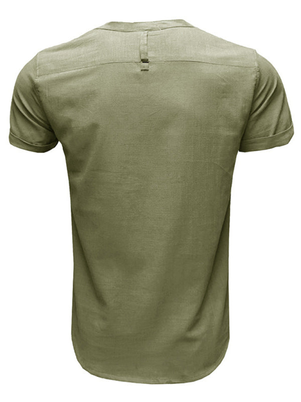 Men's woven solid color short-sleeved cotton and linen shirt