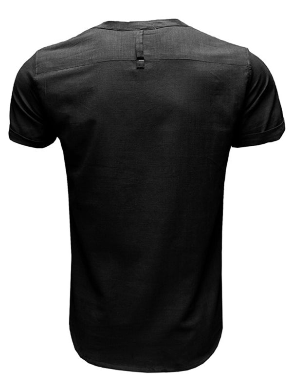 Men's woven solid color short-sleeved cotton and linen shirt