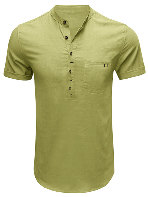 Men's woven solid color short-sleeved cotton and linen shirt