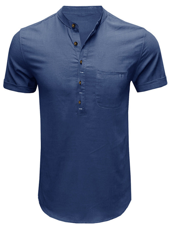 Men's woven solid color short-sleeved cotton and linen shirt