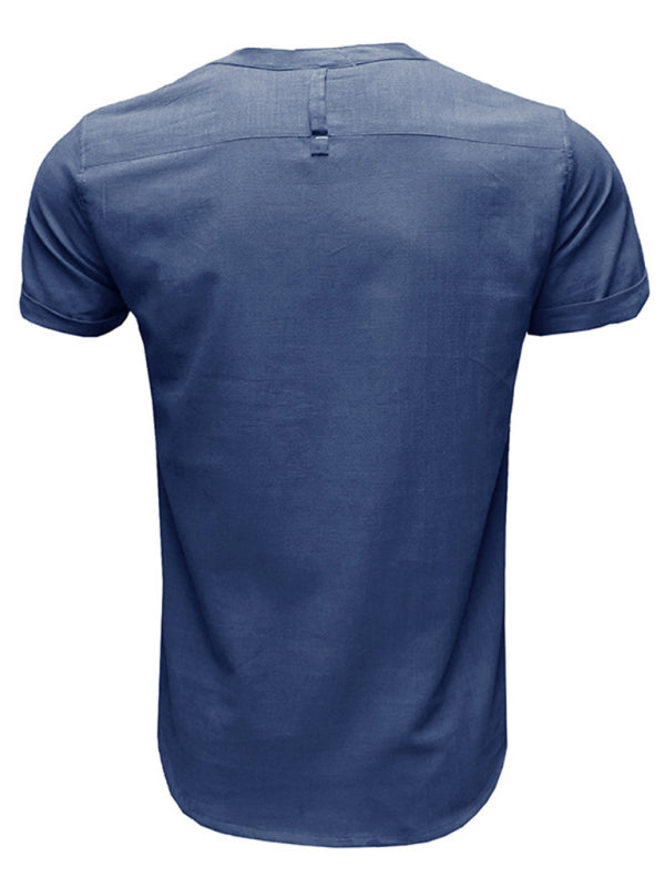 Men's woven solid color short-sleeved cotton and linen shirt