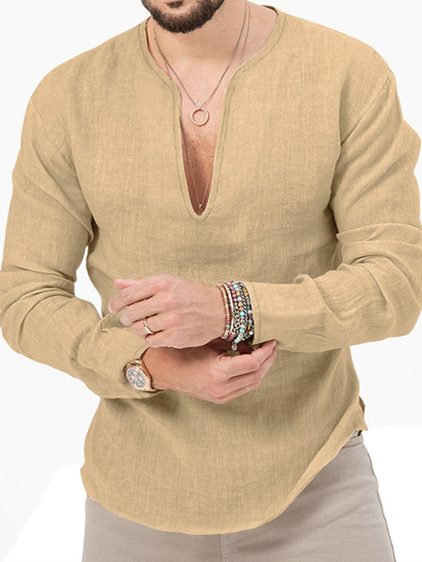 New Men's Henry Long Sleeve T-Shirt Slim Fit Solid Color Large Size Deep V Neck Shirt