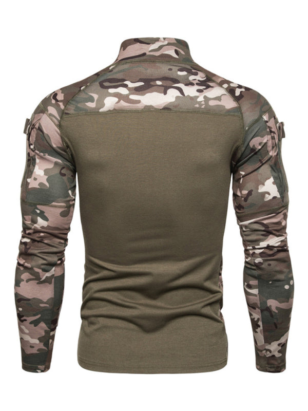 Men's Military Field Outdoor Elastic Fitness Camouflage Long Sleeve Zipper Pocket T-Shirt