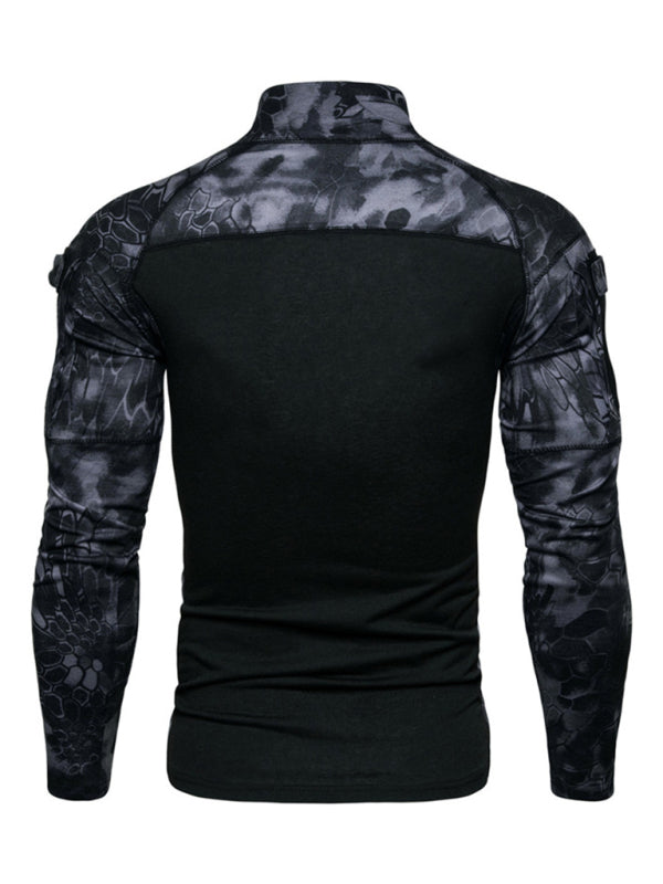 Men's Military Field Outdoor Elastic Fitness Camouflage Long Sleeve Zipper Pocket T-Shirt