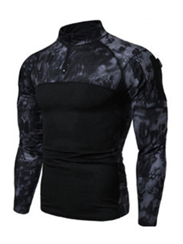 Men's Military Field Outdoor Elastic Fitness Camouflage Long Sleeve Zipper Pocket T-Shirt