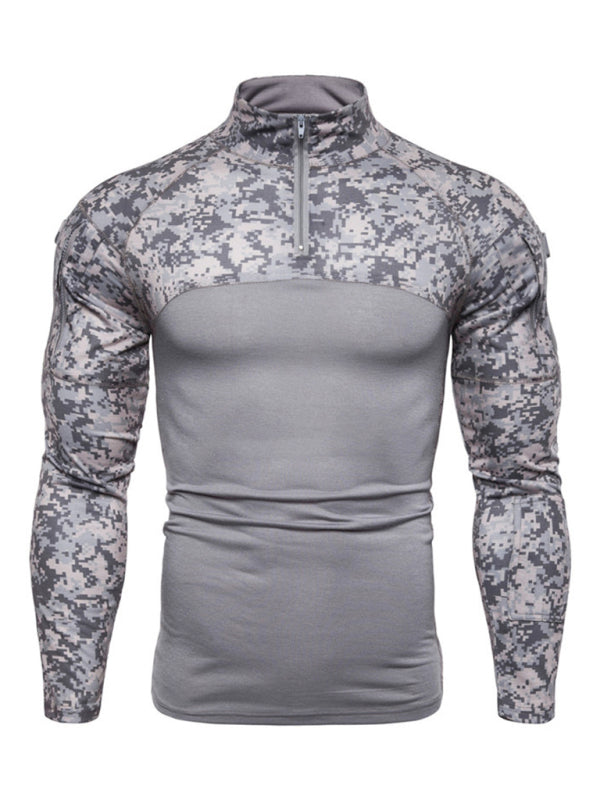 Men's Military Field Outdoor Elastic Fitness Camouflage Long Sleeve Zipper Pocket T-Shirt