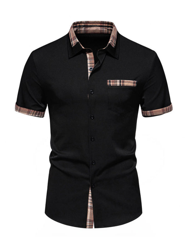 Men's Casual Collar Buttoned Plaid Color Block Short Sleeve Shirt
