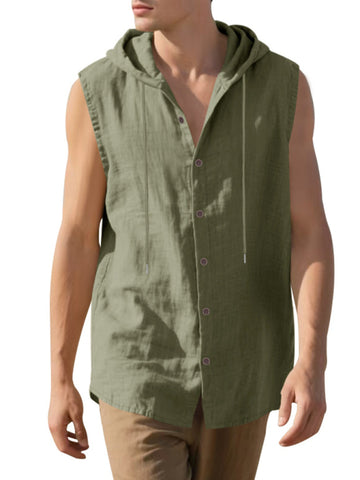 Men's Casual Sleeveless Waistcoat Shirt Linen Hooded Solid Color Breathable Loose Top