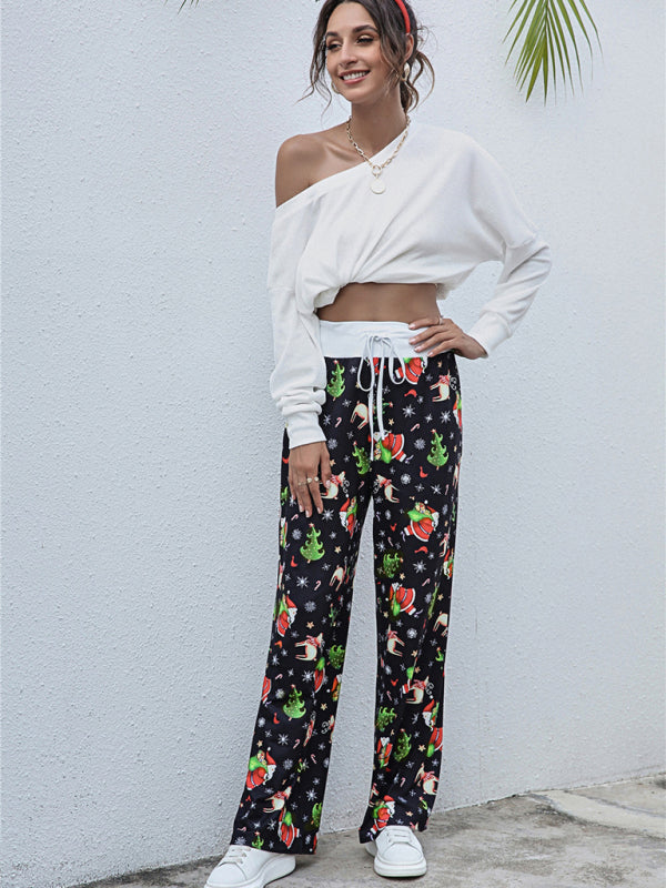 Women Festival Pattern Knit Polyester Pants