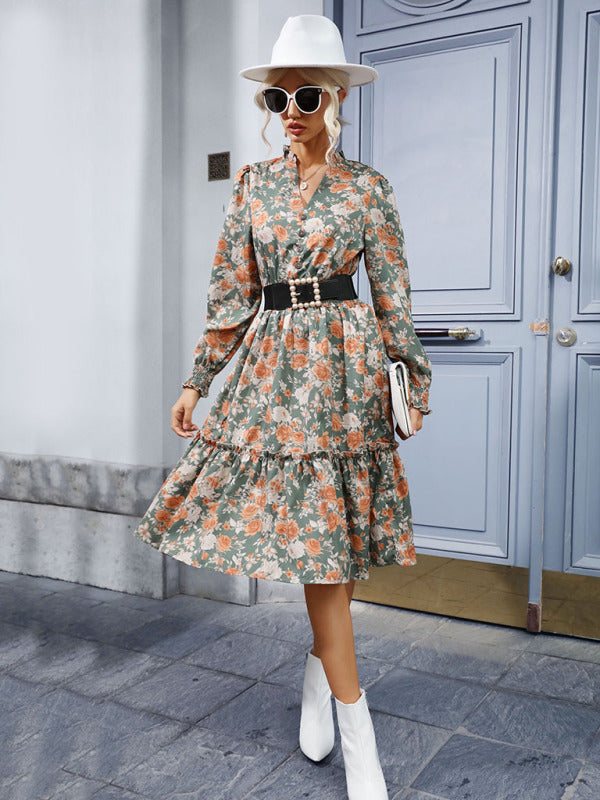 Women's temperament ruffle print retro long-sleeved dress