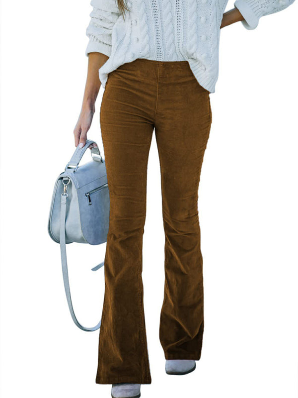 Solid Color High Waist Slim Flared Pants Corduroy Elastic Waist Casual Pants