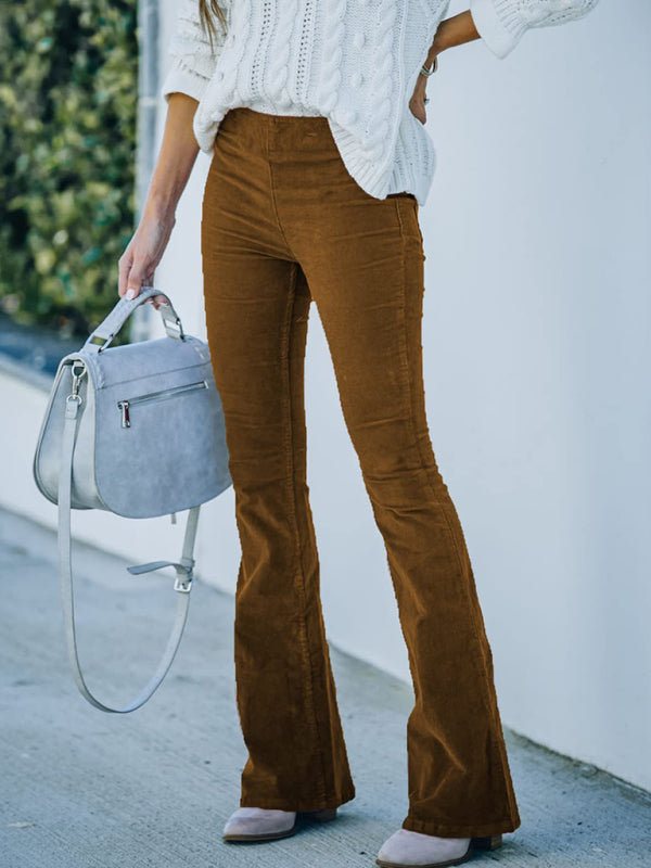 Solid Color High Waist Slim Flared Pants Corduroy Elastic Waist Casual Pants