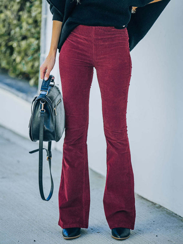 Solid Color High Waist Slim Flared Pants Corduroy Elastic Waist Casual Pants