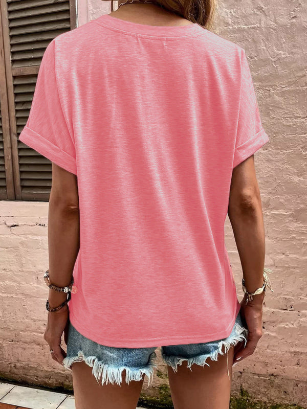 Women's solid color casual button-up short-sleeve T-shirt