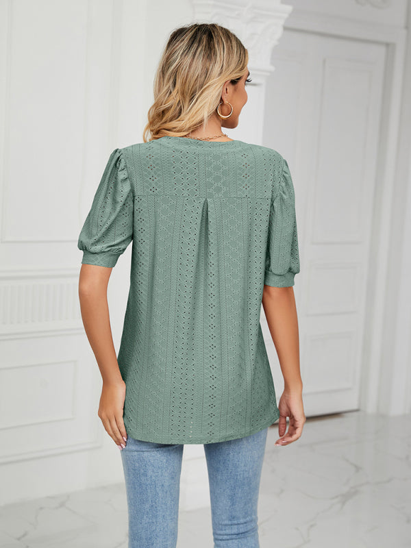 Women's knitted casual V-neck solid color hollow puff sleeve loose T-shirt
