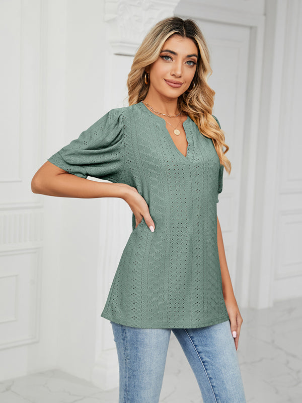 Women's knitted casual V-neck solid color hollow puff sleeve loose T-shirt
