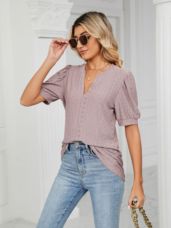 Women's knitted casual V-neck solid color hollow puff sleeve loose T-shirt
