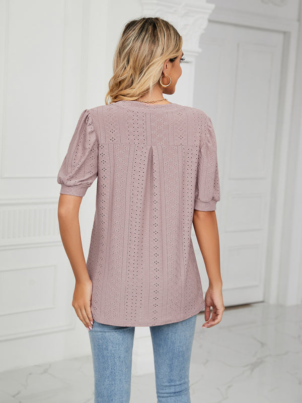 Women's knitted casual V-neck solid color hollow puff sleeve loose T-shirt