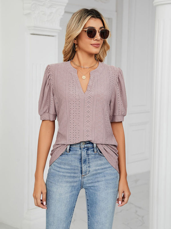 Women's knitted casual V-neck solid color hollow puff sleeve loose T-shirt