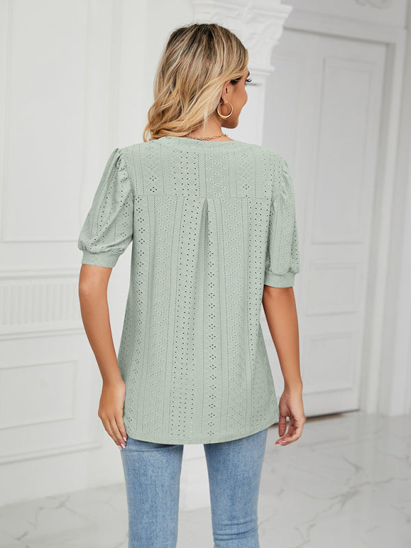 Women's knitted casual V-neck solid color hollow puff sleeve loose T-shirt