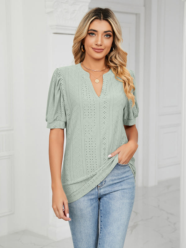 Women's knitted casual V-neck solid color hollow puff sleeve loose T-shirt