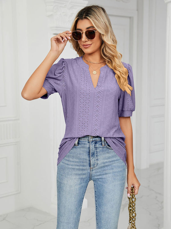 Women's knitted casual V-neck solid color hollow puff sleeve loose T-shirt