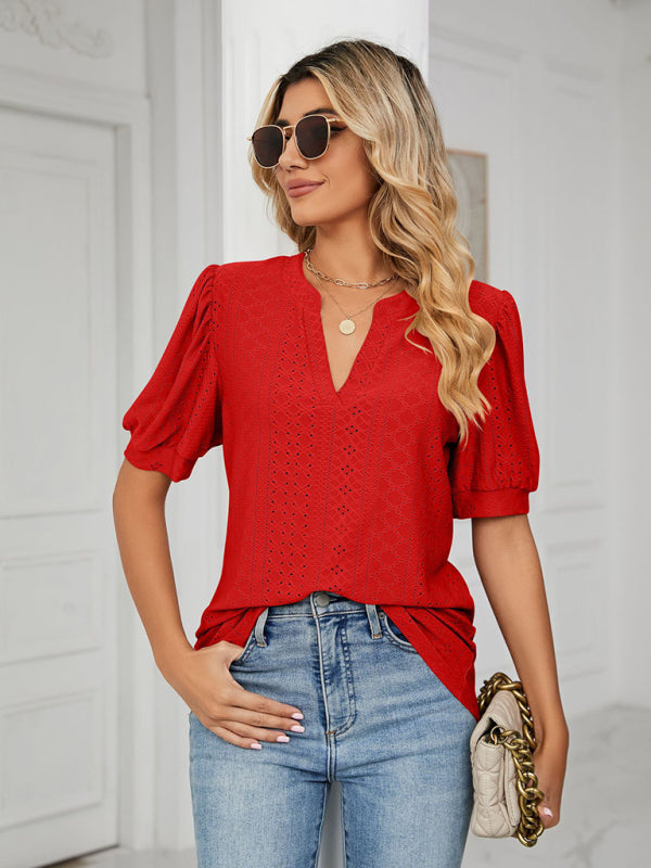 Women's knitted casual V-neck solid color hollow puff sleeve loose T-shirt