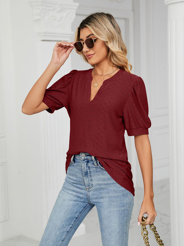Women's knitted casual V-neck solid color hollow puff sleeve loose T-shirt