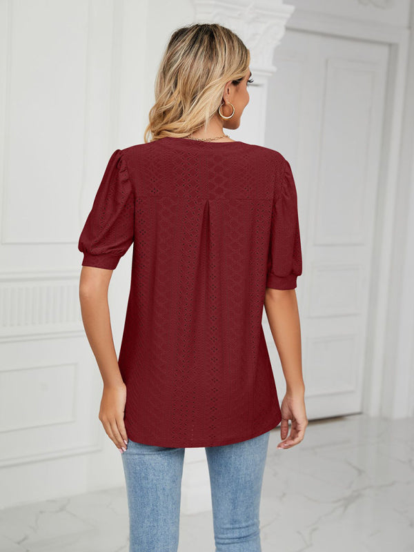 Women's knitted casual V-neck solid color hollow puff sleeve loose T-shirt