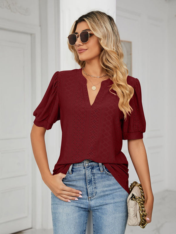 Women's knitted casual V-neck solid color hollow puff sleeve loose T-shirt