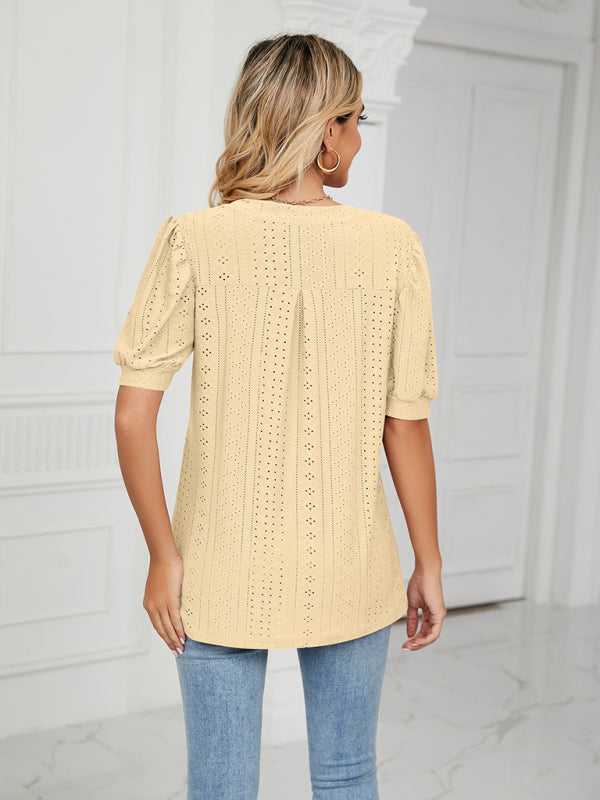 Women's knitted casual V-neck solid color hollow puff sleeve loose T-shirt