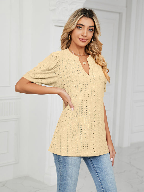 Women's knitted casual V-neck solid color hollow puff sleeve loose T-shirt