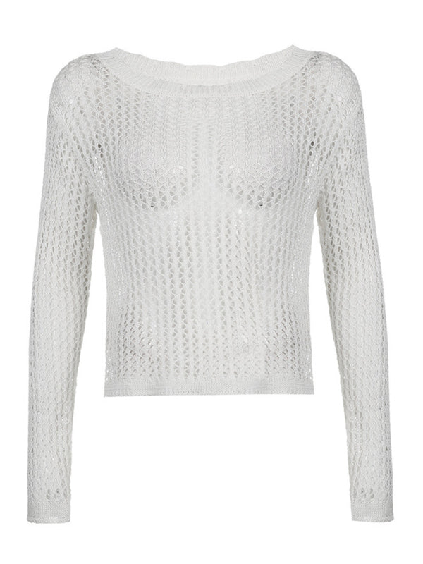 Women's loose see-through mesh long-sleeved knitted top