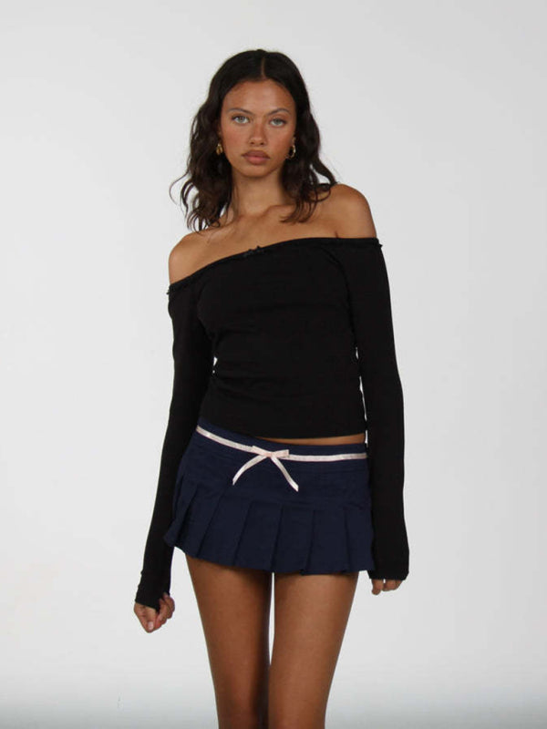 New women's off-shoulder lace bow long-sleeved T-shirt