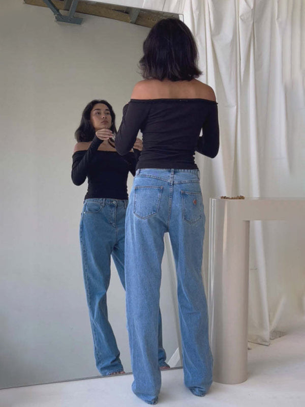 New women's off-shoulder lace bow long-sleeved T-shirt