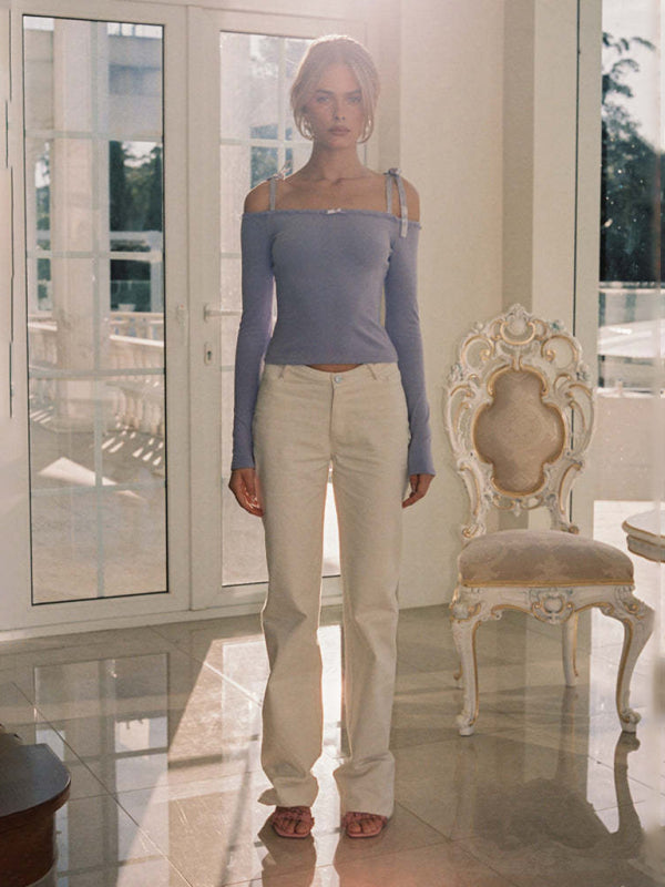 New women's off-shoulder lace bow long-sleeved T-shirt