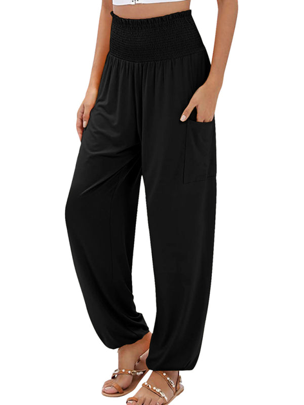 New women's elastic high waist wide leg casual trousers