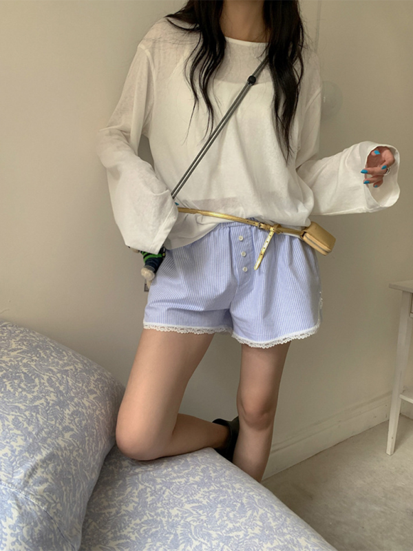 Women's lace shorts wear elastic waist striped casual pants