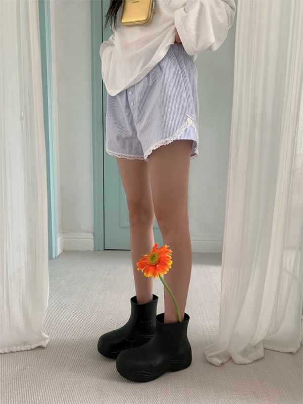 Women's lace shorts wear elastic waist striped casual pants