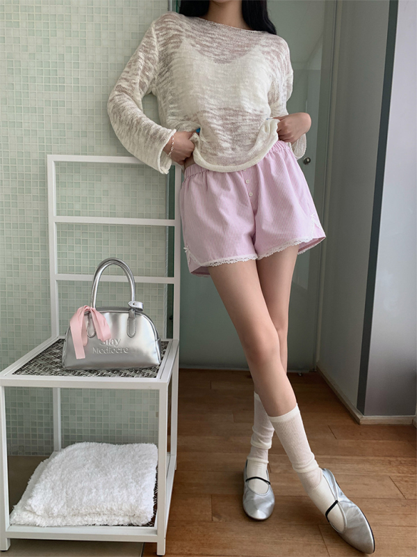 Women's lace shorts wear elastic waist striped casual pants