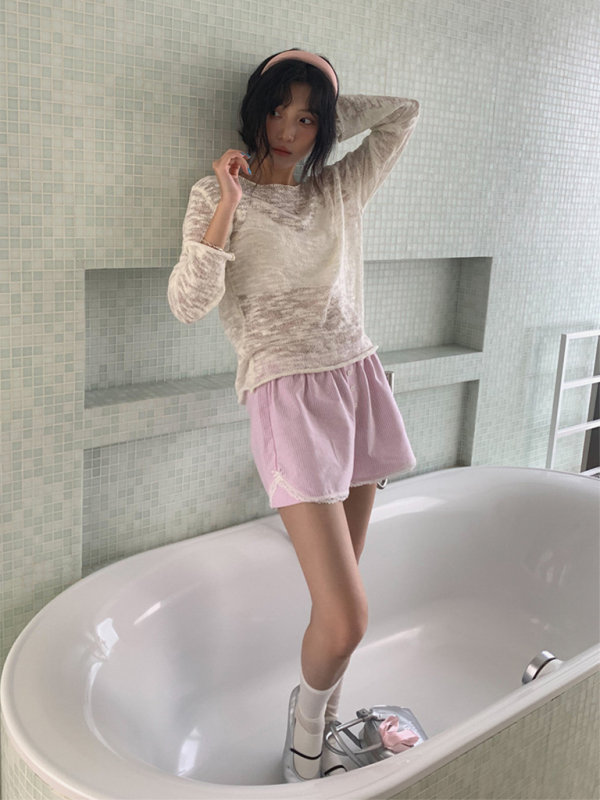 Women's lace shorts wear elastic waist striped casual pants