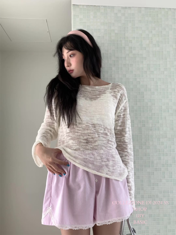 Women's lace shorts wear elastic waist striped casual pants