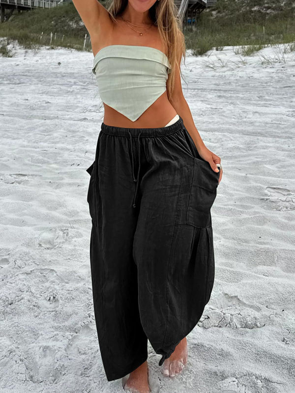 Women's elastic waist pleated high waist wide leg pants loose casual pants