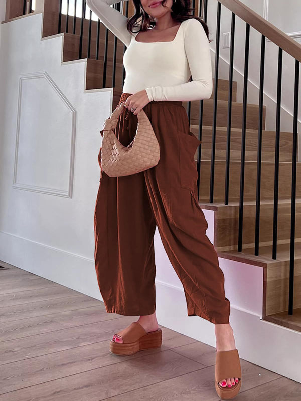 Women's elastic waist pleated high waist wide leg pants loose casual pants