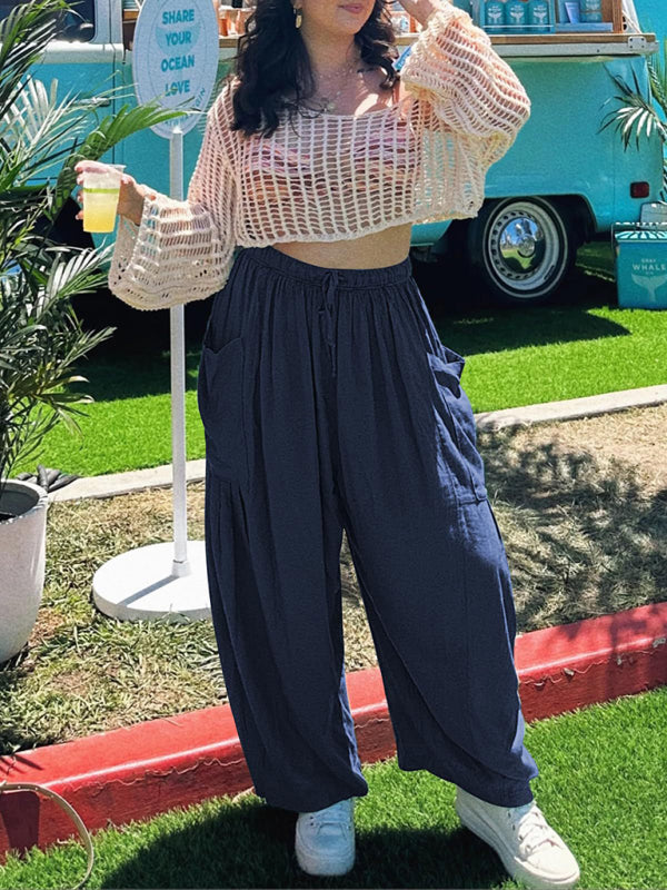 Women's elastic waist pleated high waist wide leg pants loose casual pants