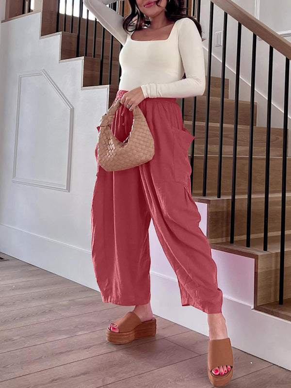 Women's elastic waist pleated high waist wide leg pants loose casual pants