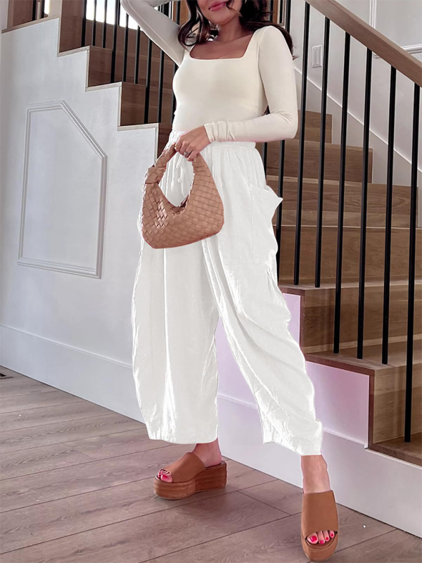 Women's elastic waist pleated high waist wide leg pants loose casual pants