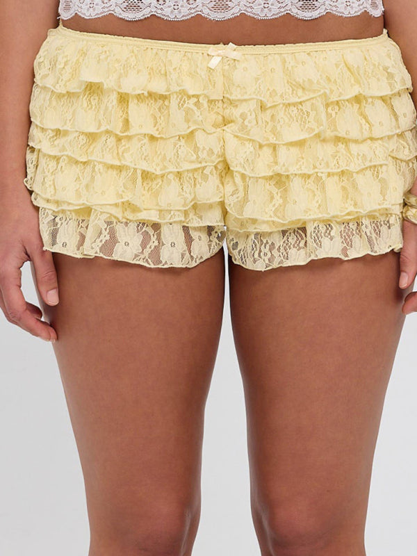 Women's casual lace trim multicolor lace pleated puffy shorts