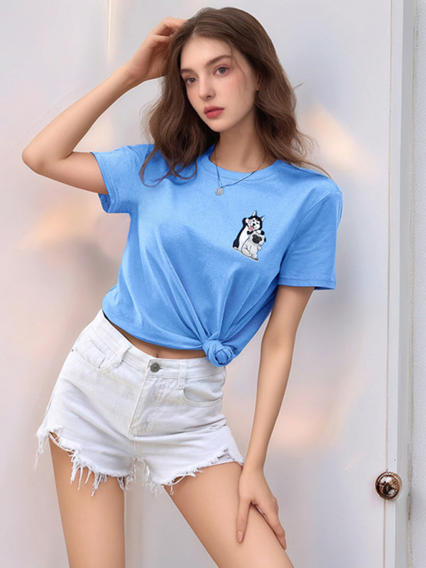 Loose round neck cute dog cartoon print T-shirt